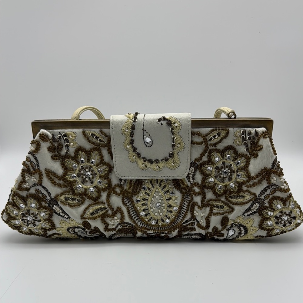 Elegant Embroidered Clutch - Cream and Brown